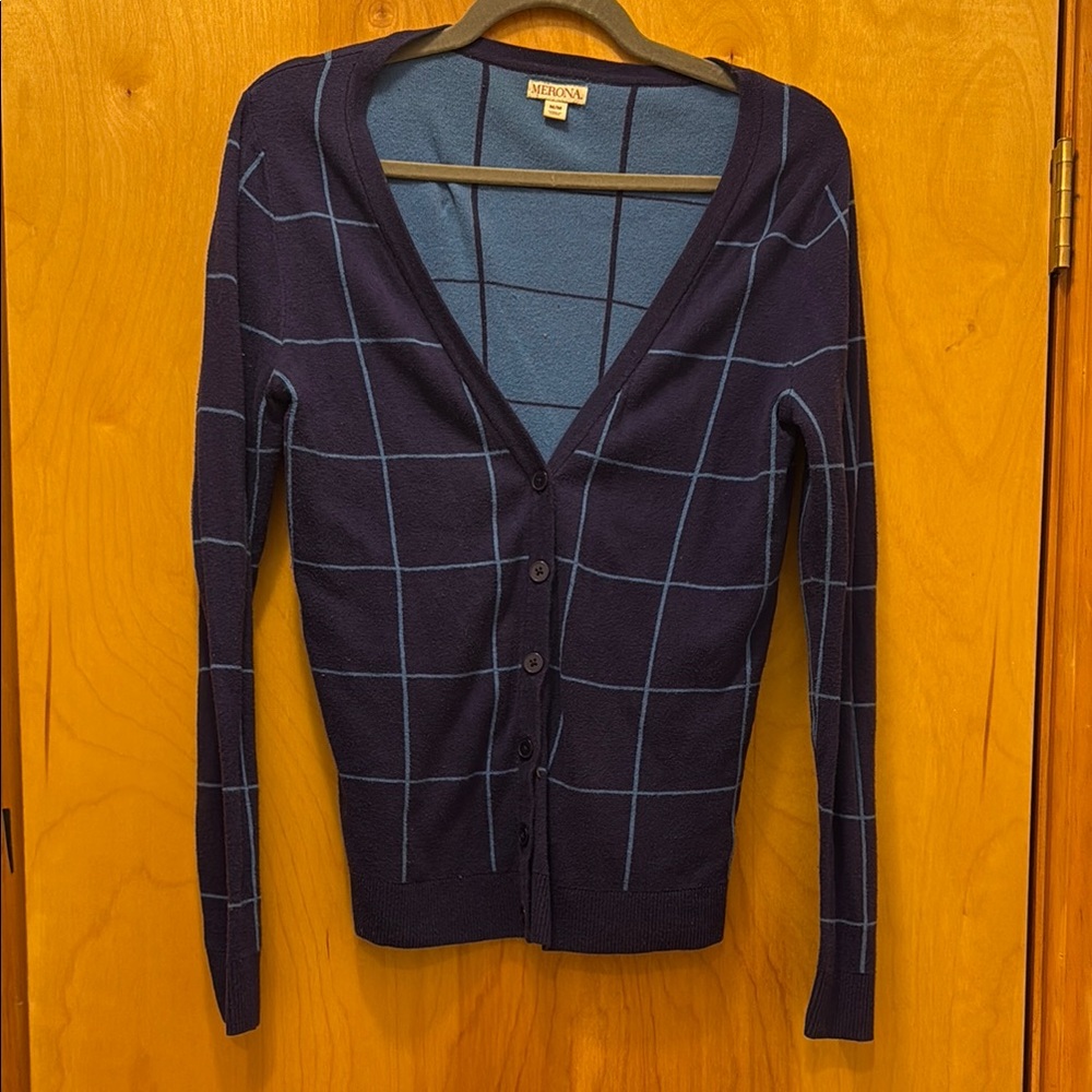 Merona Blue Grid Pattern Cardigan Size M